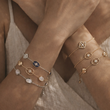 Close-up of a person's wrist wearing multiple gold bracelets with various charms.